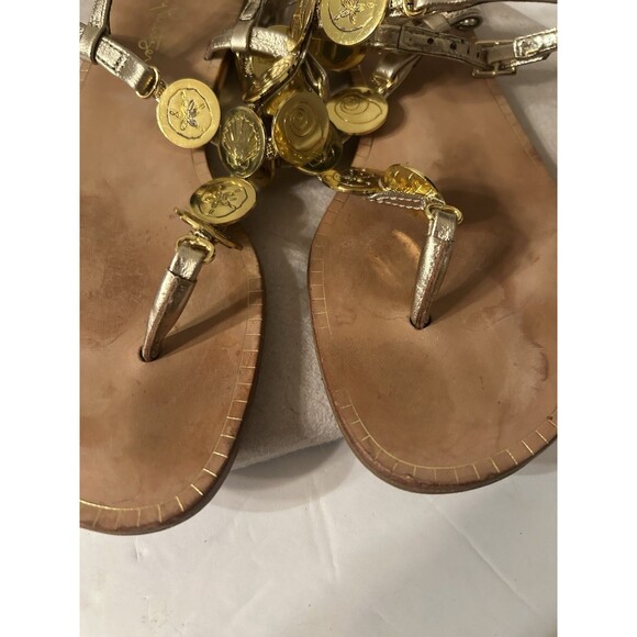 Lilly Pulitzer Gold Leather Sandal shell engraved medallions W 6 EUC ankle strap - Picture 3 of 9